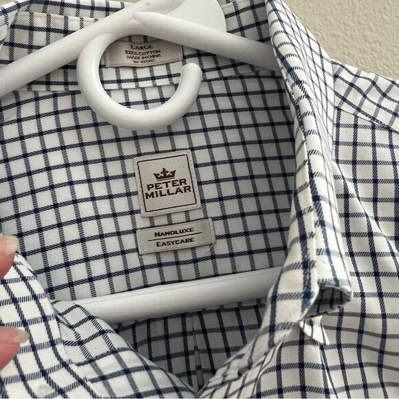 Peter Millar Mens L Nanoluxe Easy Care White Blue Check Button Down Long sleeve - Picture 3 of 4